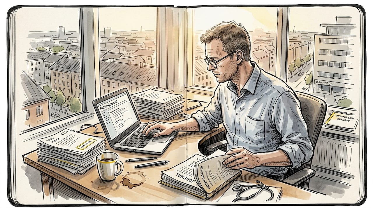 Lægen sidder på sit travle kontor og opdaterer patientjournalen