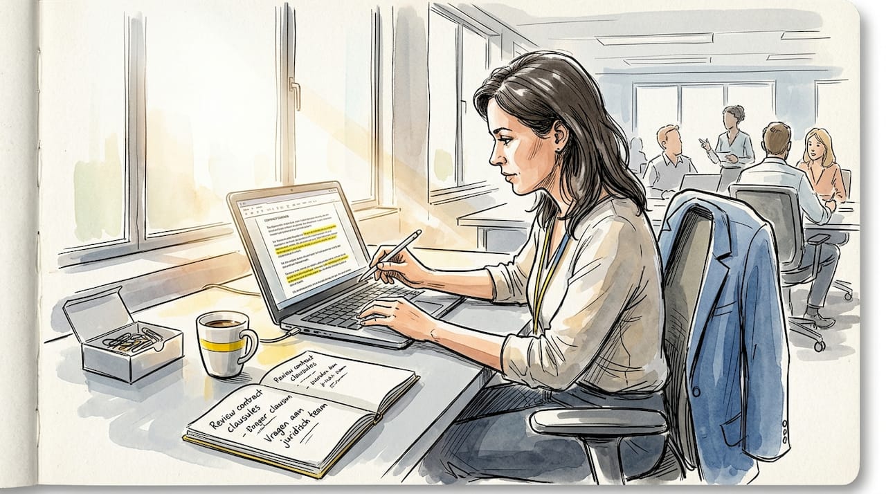 De compliance manager loopt het contract na op kantoor.