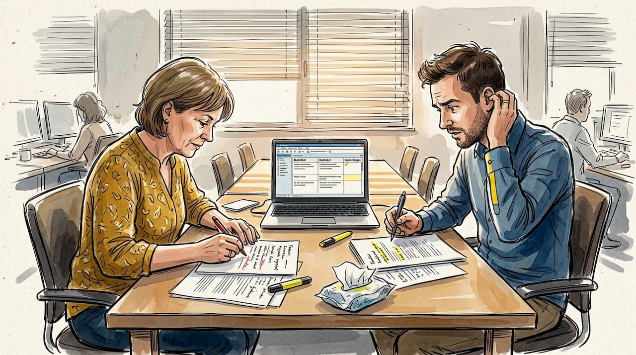 Het vertaalteam zit samen aan één bureau om te overleggen.