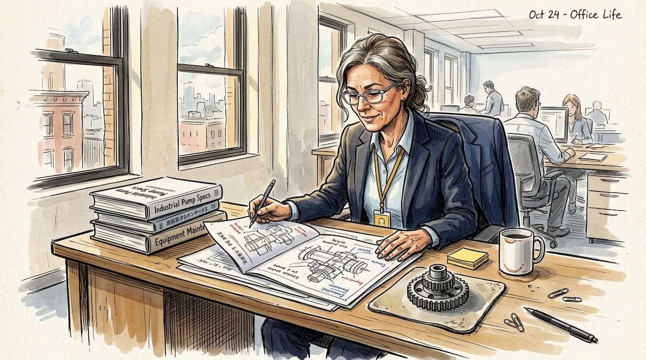 Project manager reviewing machinery translation documents