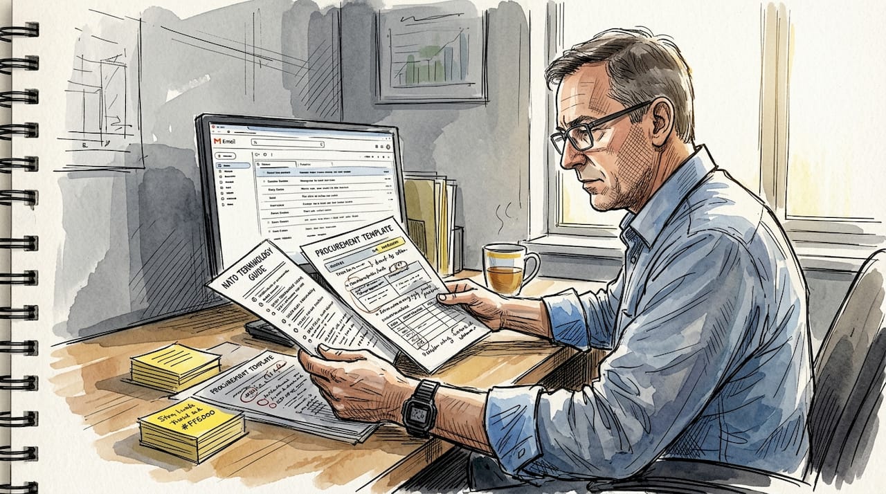 Analyst reviewing procurement documents at desk