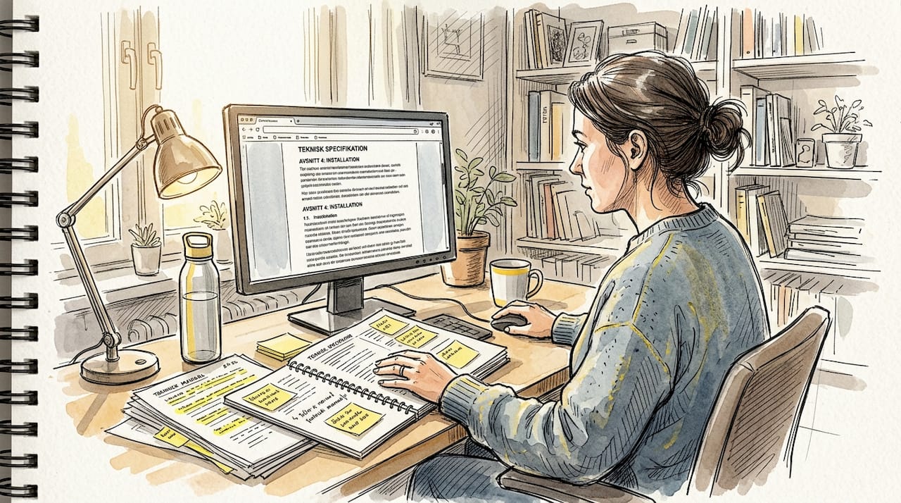 En teknisk översättare går noggrant igenom dokument vid sitt skrivbord.