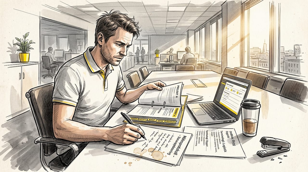 Projektledaren samordnar översättningsarbetet runt konferensbordet.