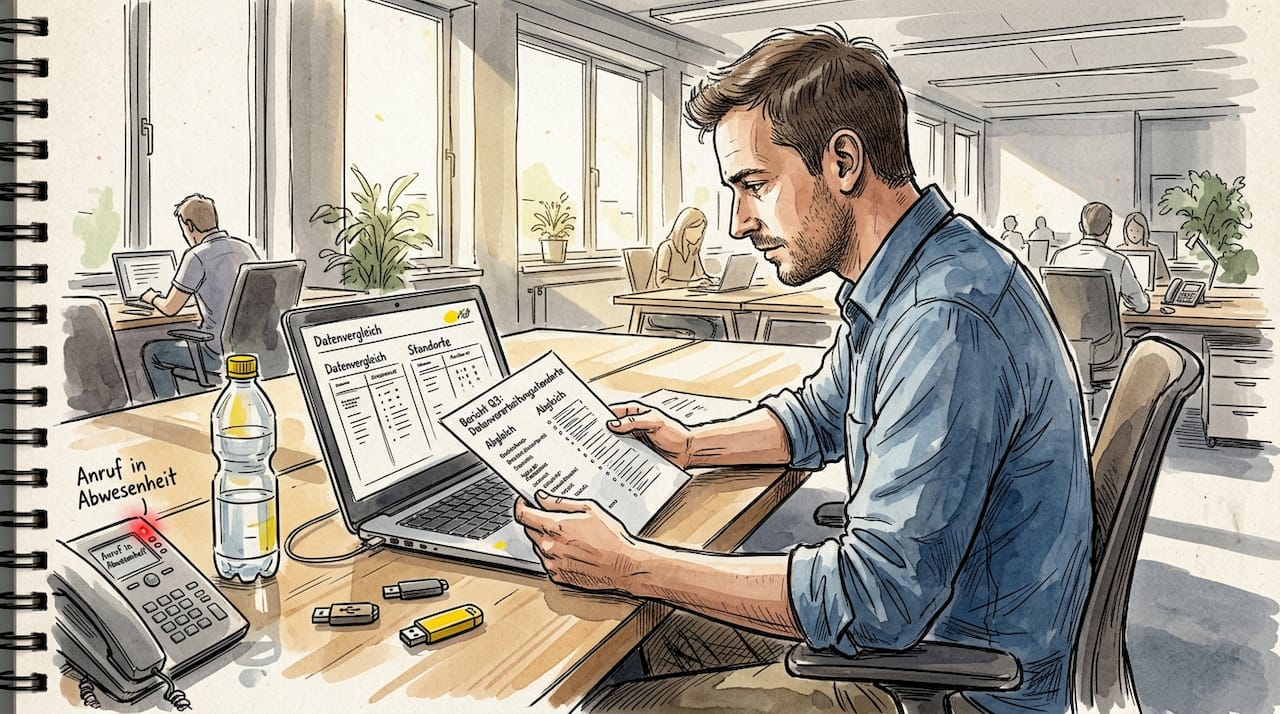 Ein Mitarbeiter sitzt an seinem Schreibtisch im Großraumbüro und vergleicht verschiedene Daten auf seinem Bildschirm.