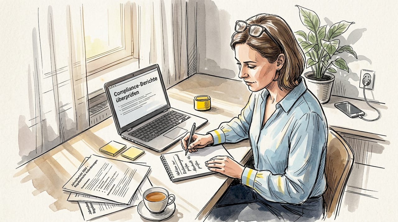 Eine Frau prüft Unterlagen zur Einhaltung gesetzlicher Vorgaben im Homeoffice.