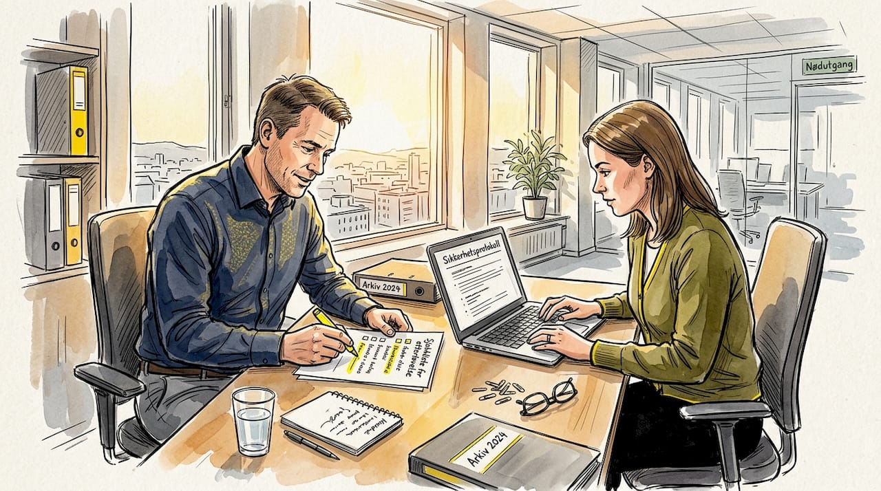 Kollegaer går gjennom sjekkliste for etterlevelse sammen på kontoret.