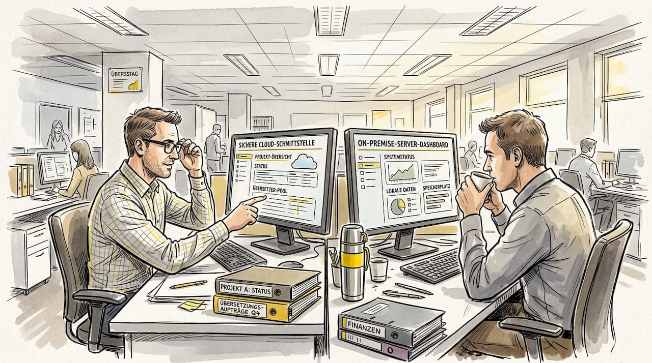 Ein Team koordiniert im Büro die Übersetzungsprozesse und sorgt dafür, dass alle Abläufe reibungslos funktionieren.