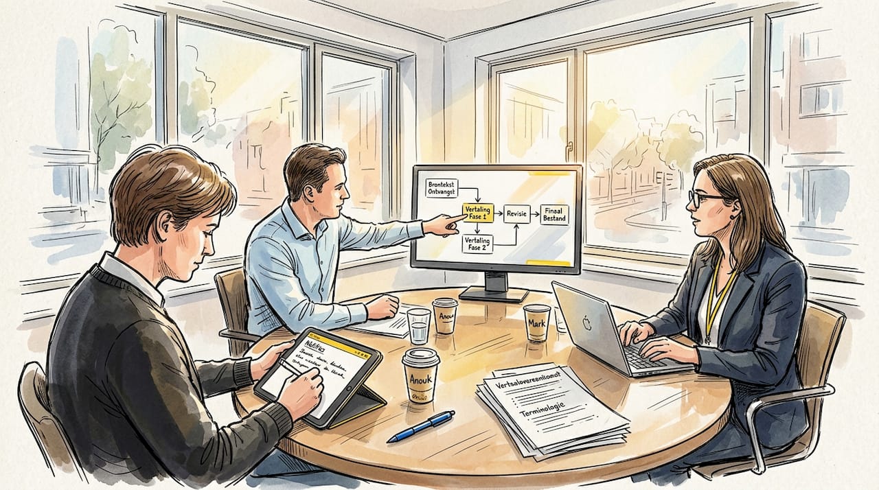 Het vertaalteam stemt de werkwijze met elkaar af.
