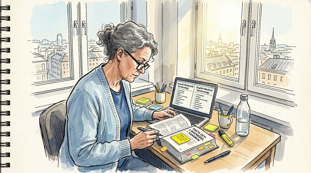 En översättare granskar medicinska texter på sitt kontor.