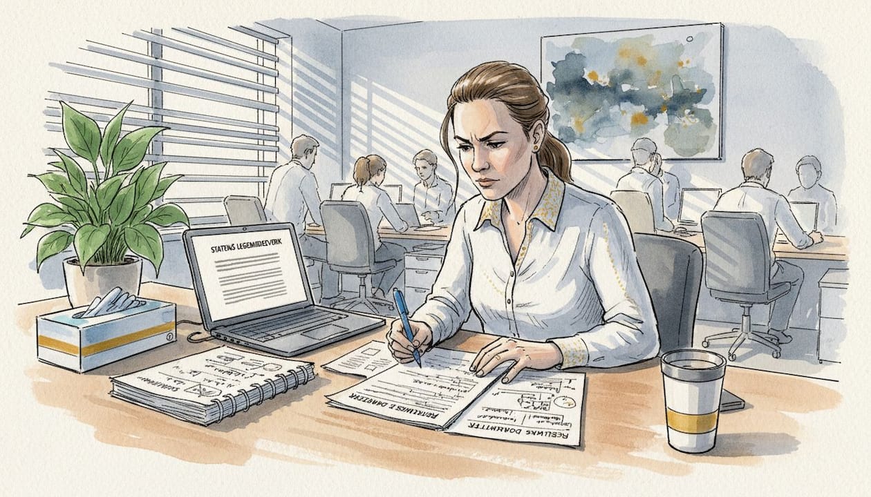 Farmasøyt ser gjennom dokumentasjon for å sjekke om alt er i henhold til regelverket.