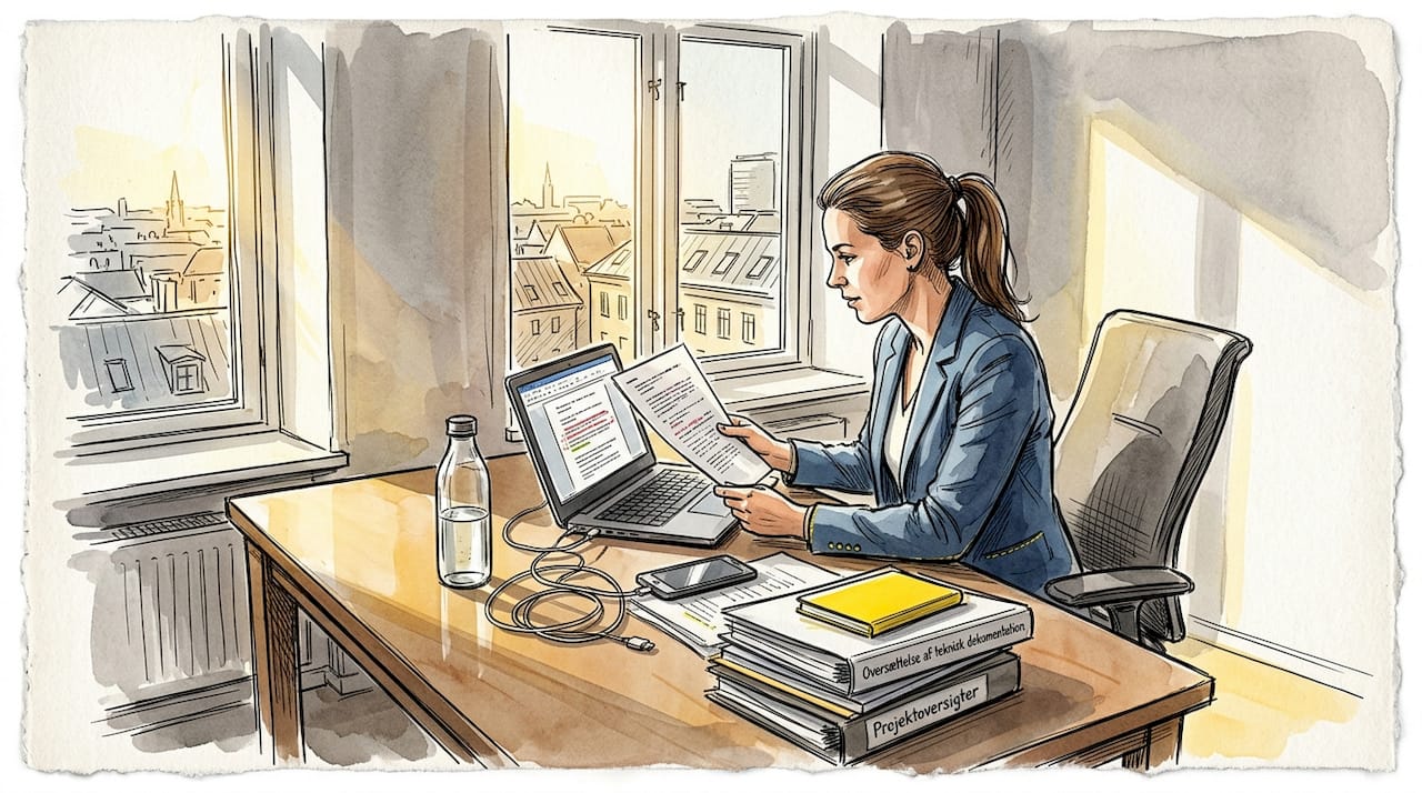 En professionel sidder ved skrivebordet og gennemgår et oversættelsesdokument grundigt.