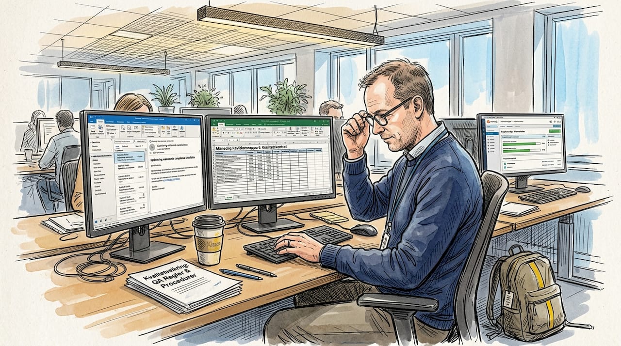 En medarbejder gennemfører en kvalitetskontrol i det fælles kontormiljø.