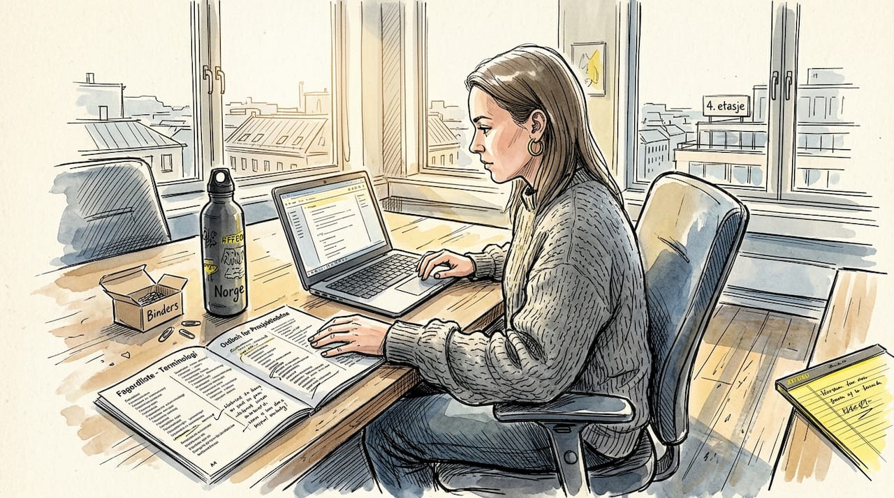 Oversetteren sammenligner faguttrykk på skjermen og i notatene sine.