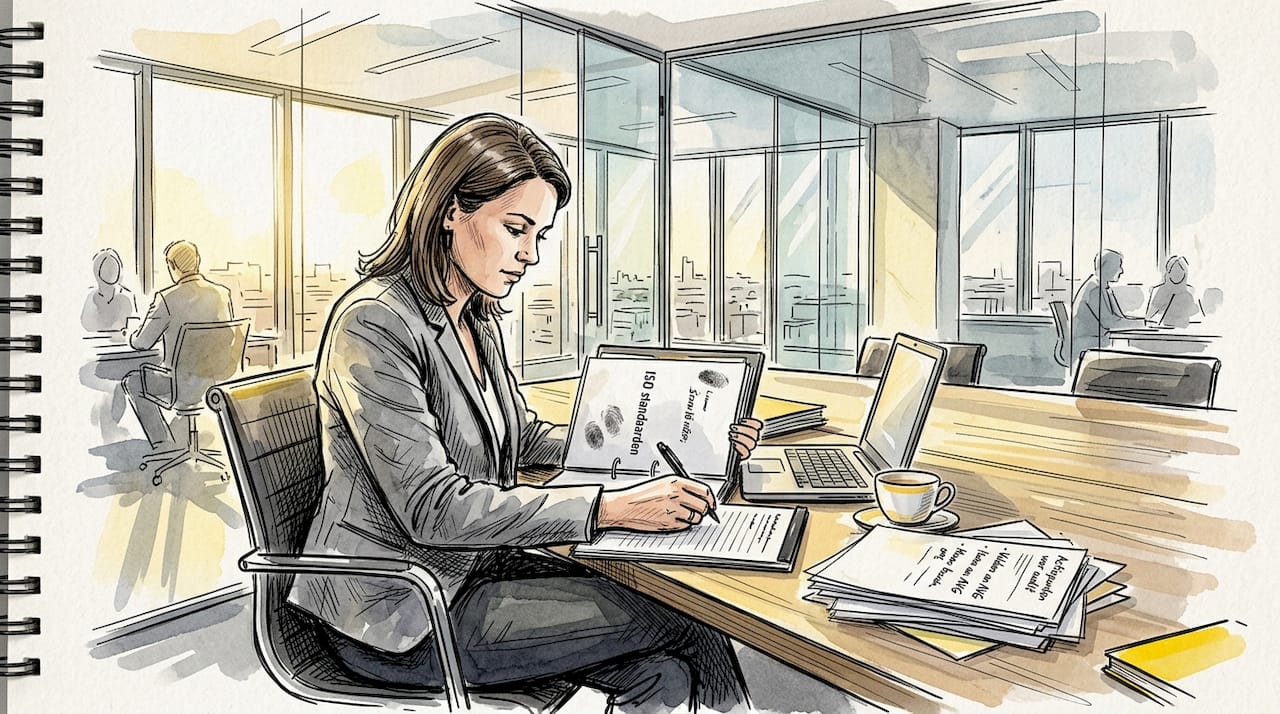 Een manager die de ISO-documentatie controleert om te kijken of alles aan de richtlijnen voldoet.