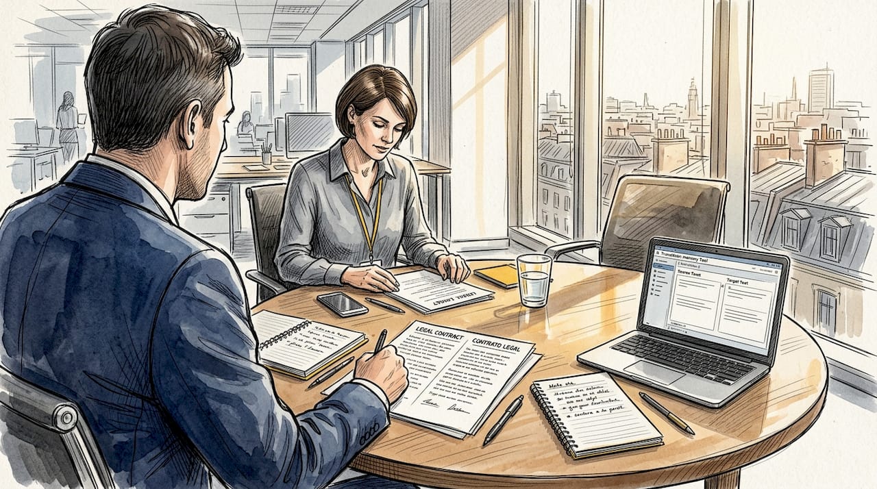 Professionals reviewing legal contract in cross-border deal