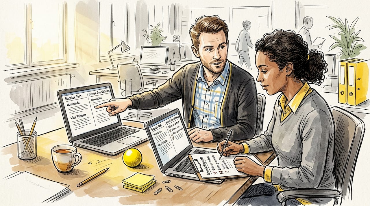Kollegor samarbetar för att granska och förbättra översättningar tillsammans.