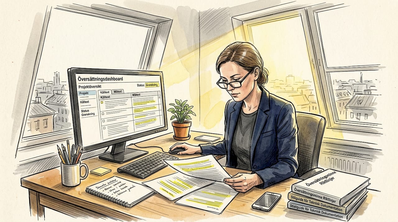 En kvinna går igenom dokument kring arbetsflödet för AI-baserad översättning