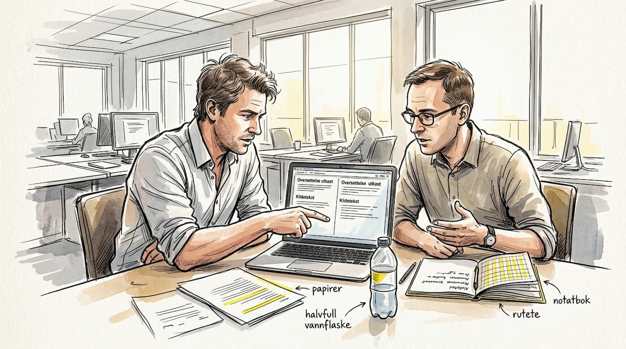 To kollegaer sitter på kontoret og diskuterer ulike løsninger på en oversettelsesoppgave.