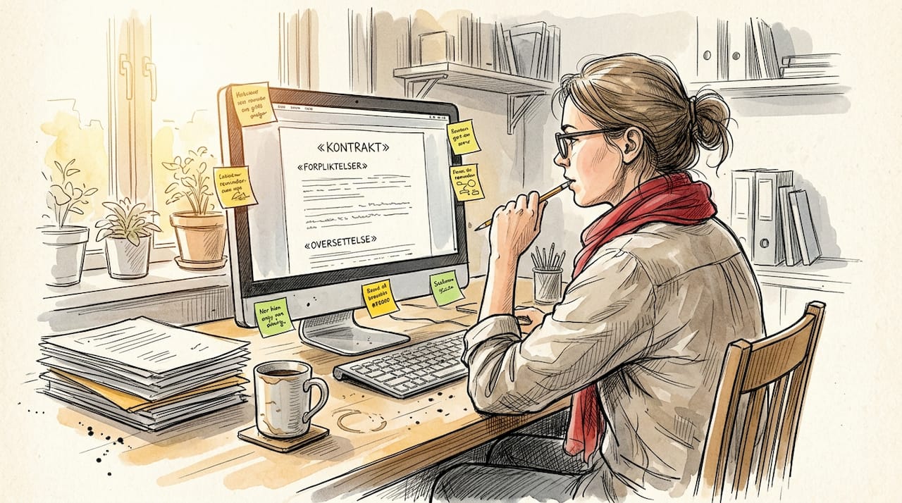 En kvinne sitter på hjemmekontoret og jobber med å oversette et dokument.