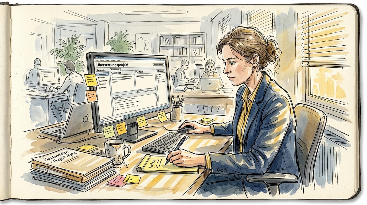 Ein Manager sitzt am Schreibtisch und optimiert den Ablauf für das Translation Memory.