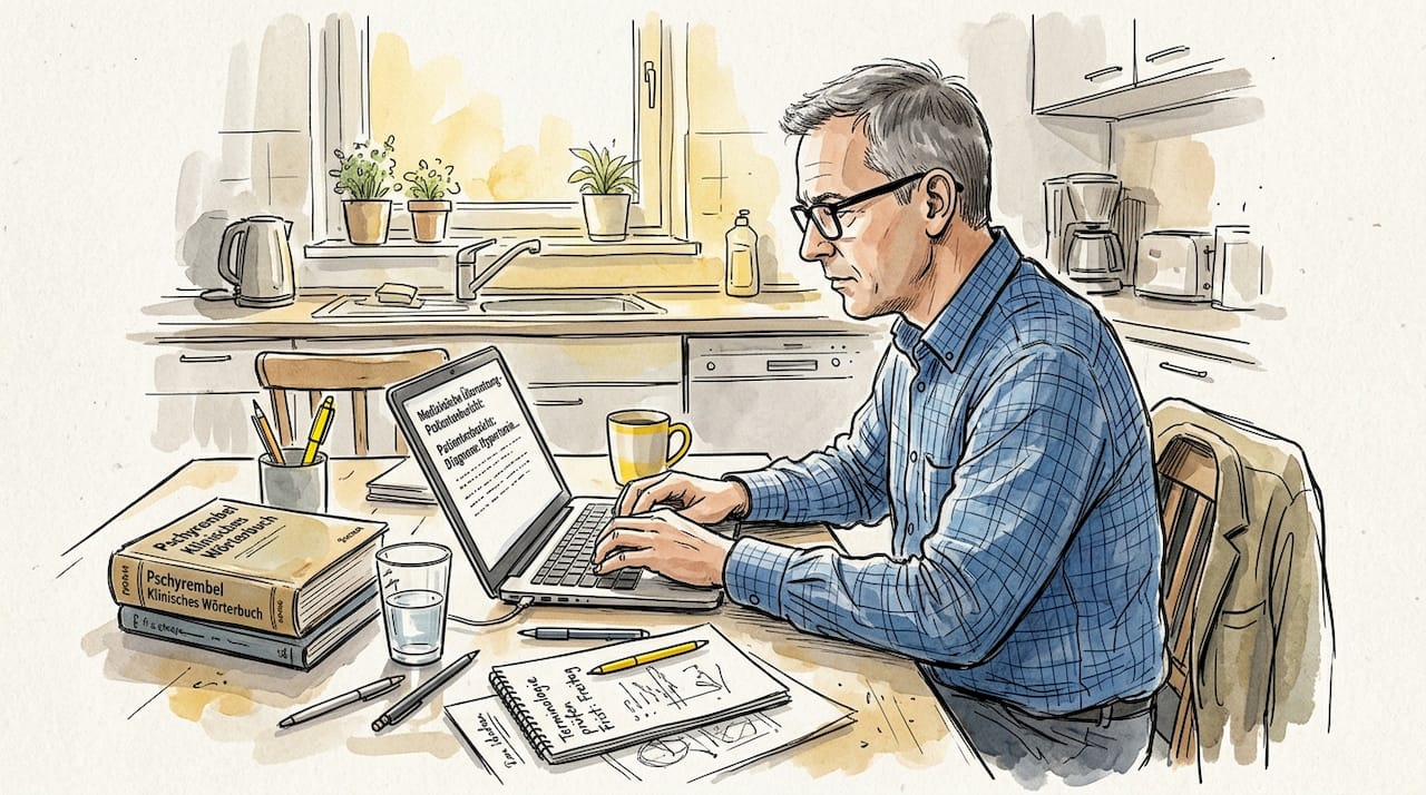 Eine Übersetzerin sitzt am Küchentisch und arbeitet an der Aktualisierung von Dokumenten.