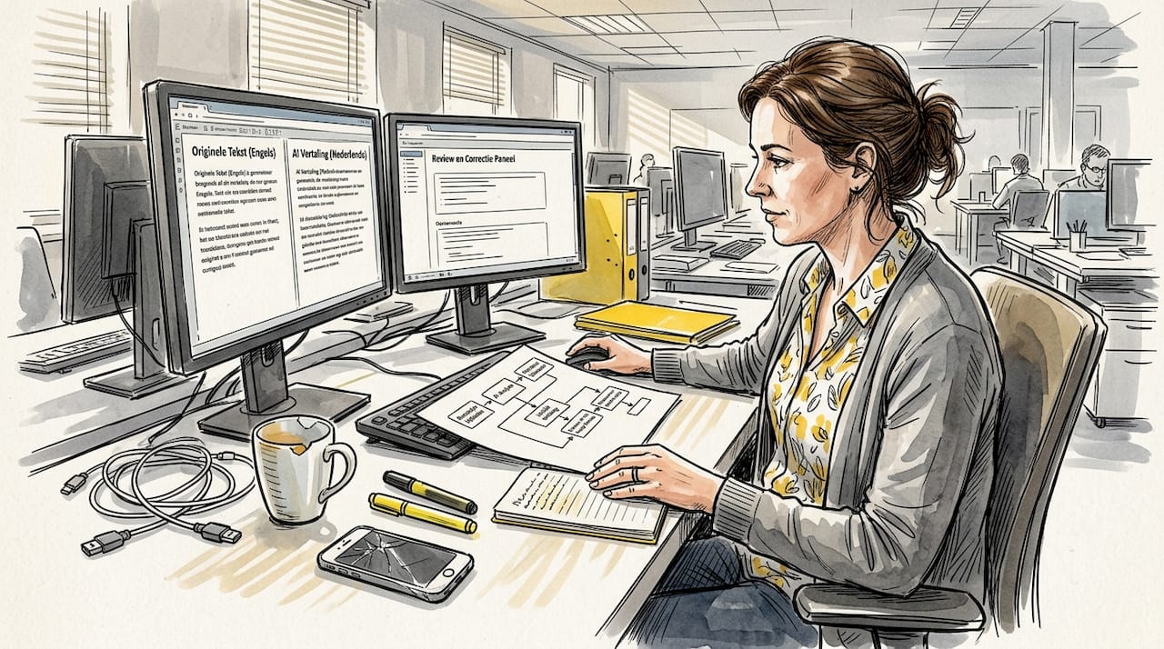Een professional loopt op kantoor de AI-vertalingen nauwkeurig na achter zijn bureau.