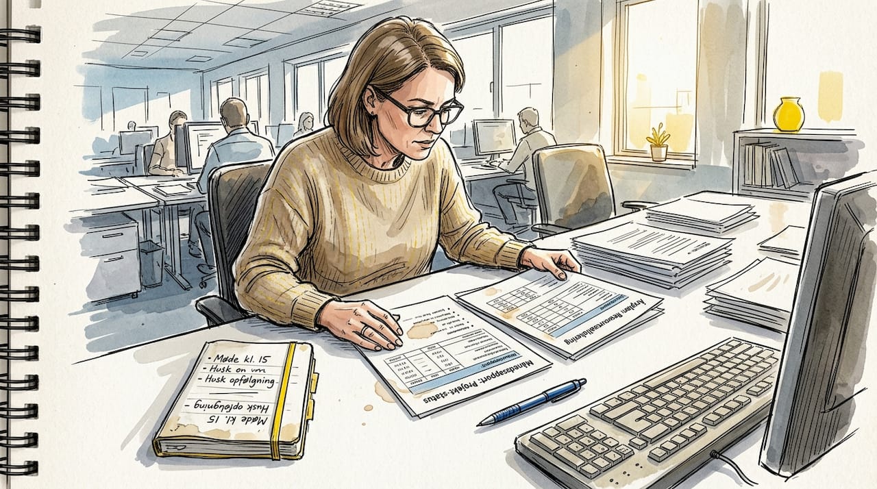 Projektlederen gennemgår og sammenholder forskellige oversættelser på kontoret