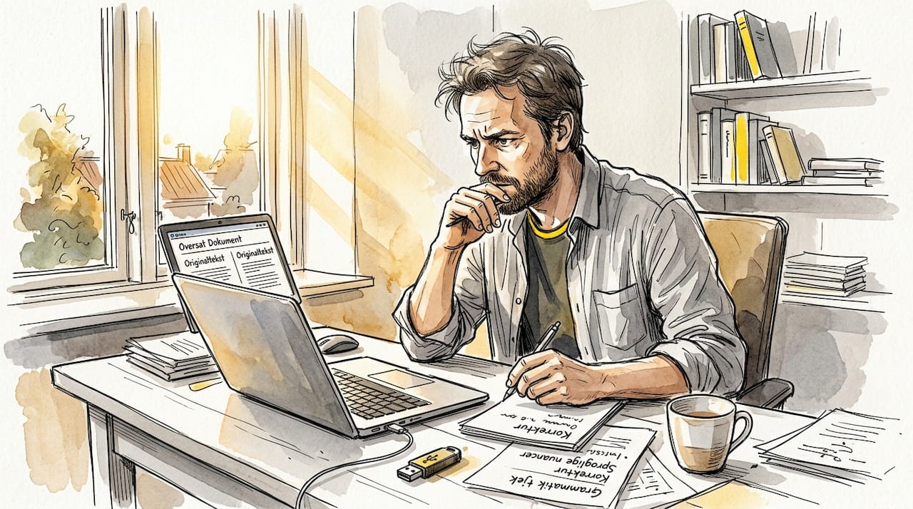 Mand sidder ved sit skrivebord og arbejder med at oversætte et dokument