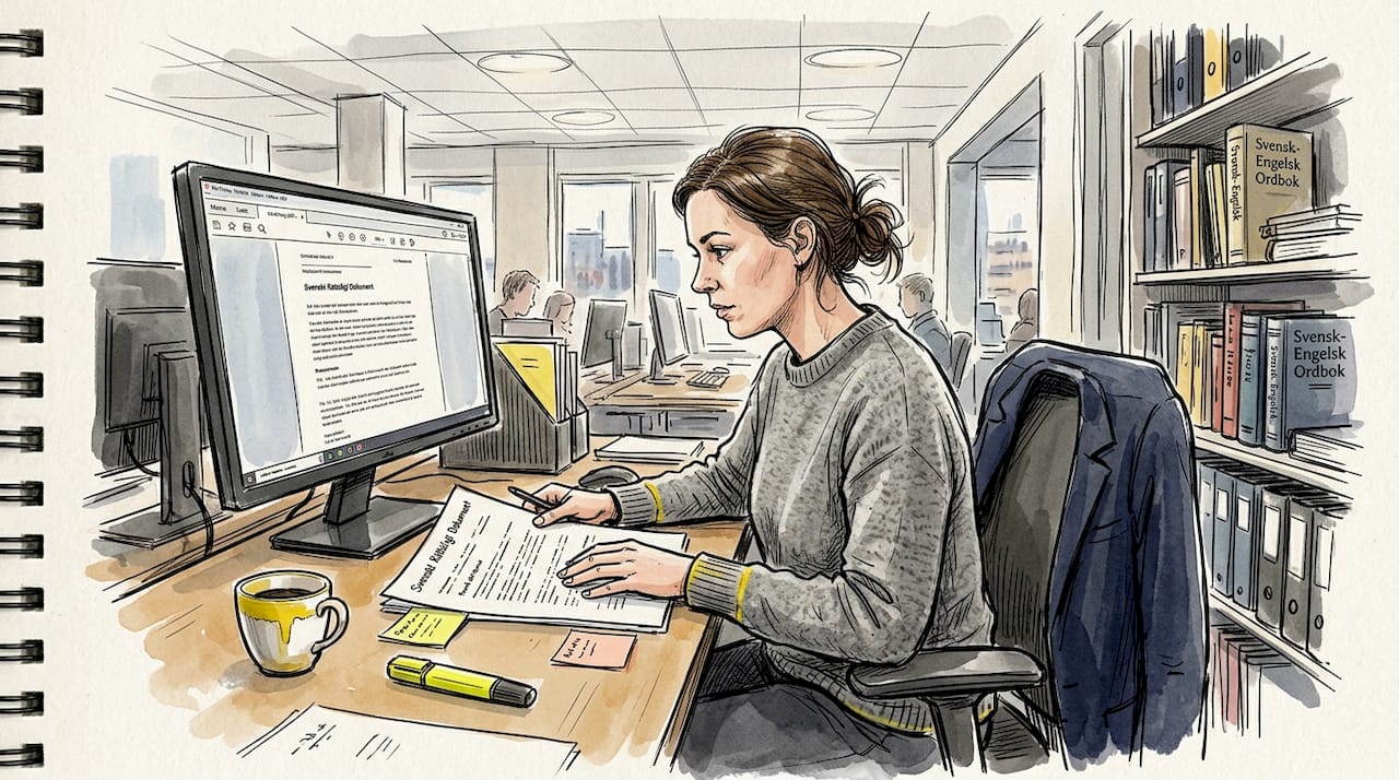 En auktoriserad översättare granskar noggrant ett intyg vid sitt skrivbord.