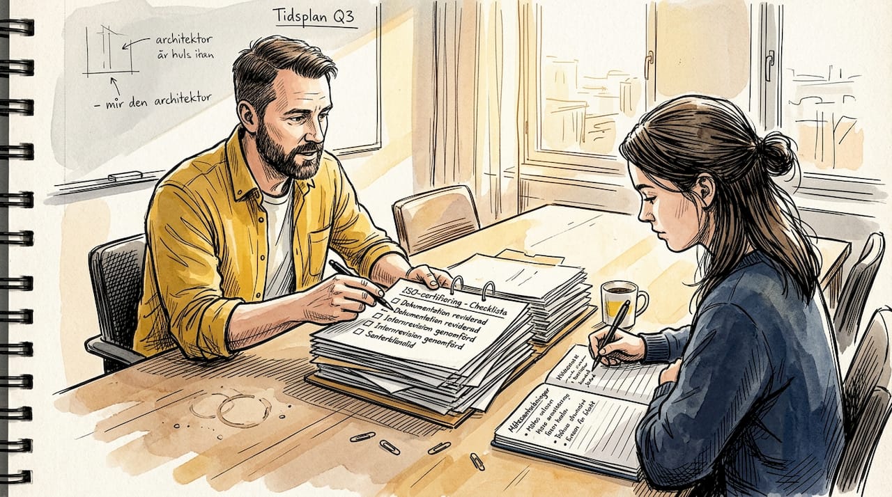 Arbetsgruppen går gemensamt igenom dokumentationen inför ISO-certifieringen.