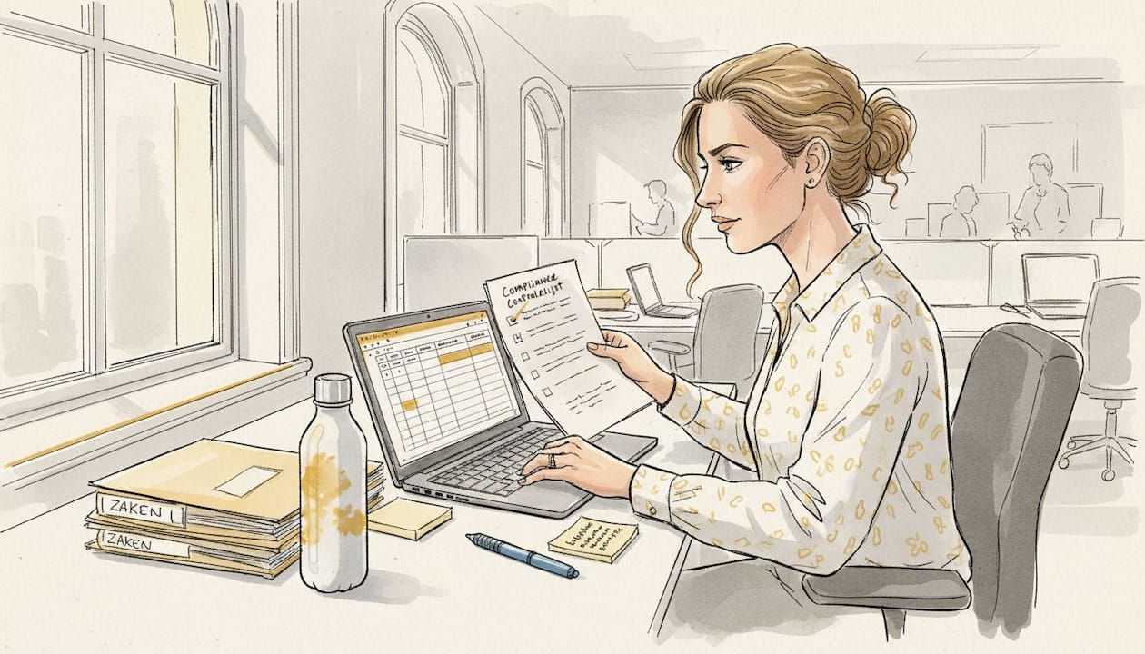 Een compliance officer loopt op kantoor de beveiligingschecklist zorgvuldig na.