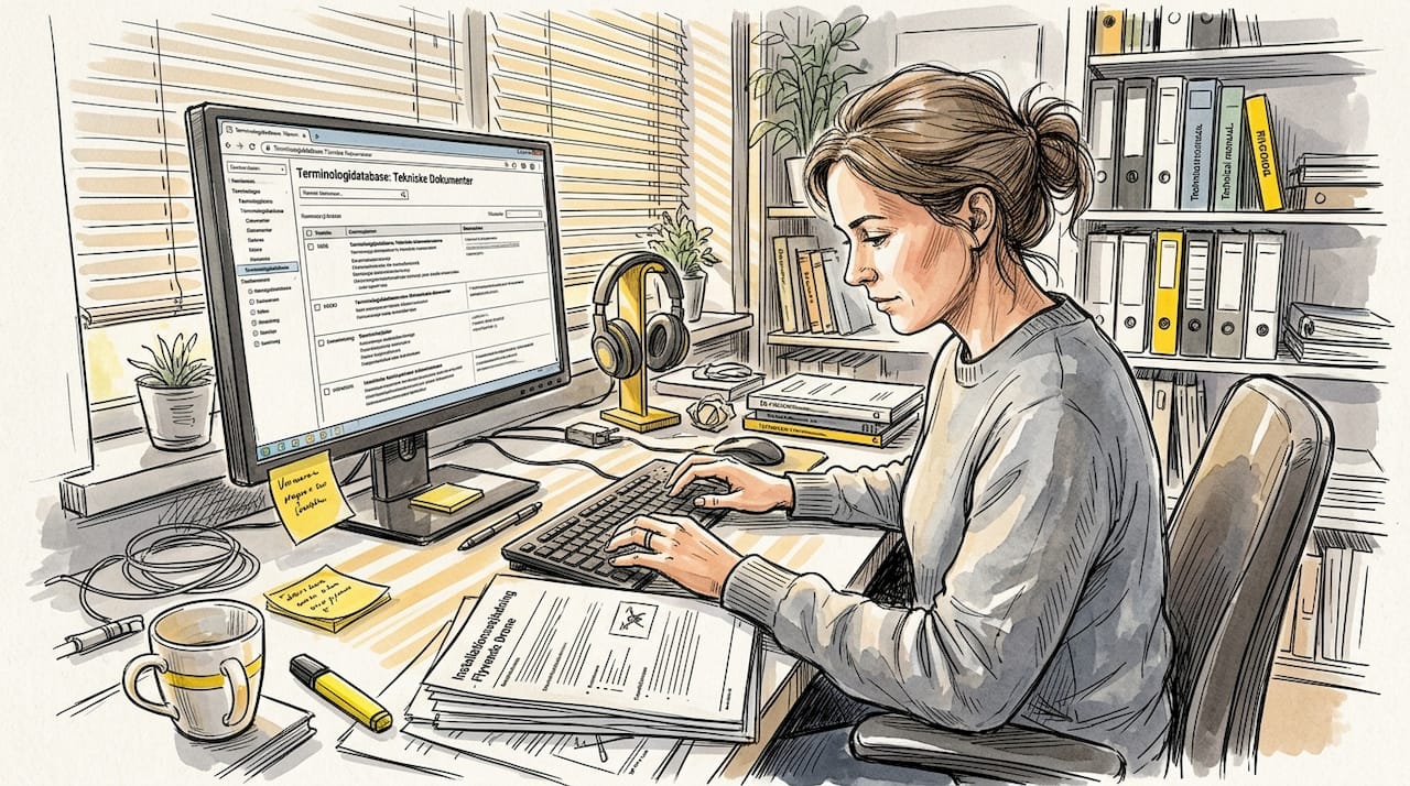 En oversætter sidder ved skrivebordet og opdaterer terminologidatabasen.