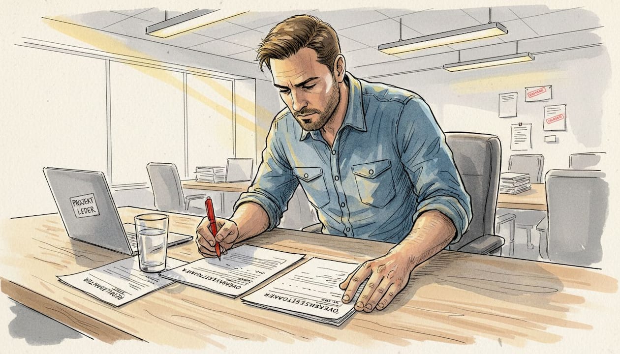 Projektlederen gennemgår dokumenter for at sikre, at oversættelserne lever op til de fastsatte krav.