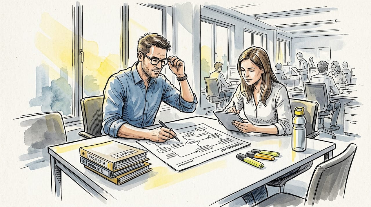 Mitarbeiter tauschen sich am Tisch über den Ablauf von Arbeitsprozessen aus.