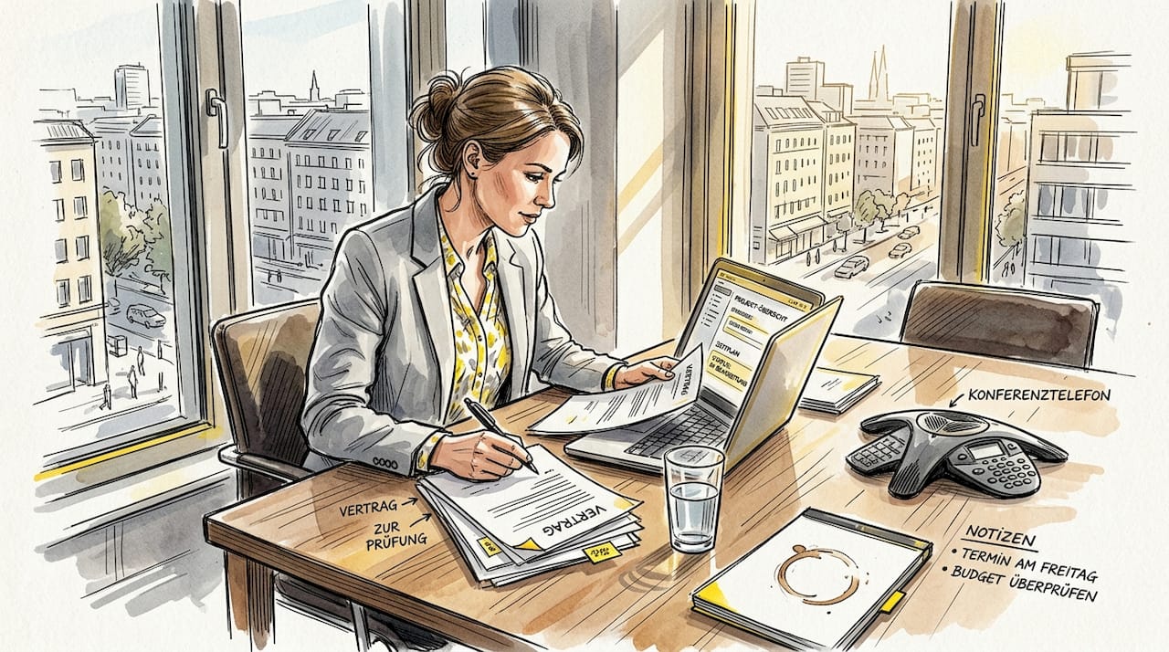 Der Projektleiter prüft die Unterlagen der Sprachdienstleistungen.