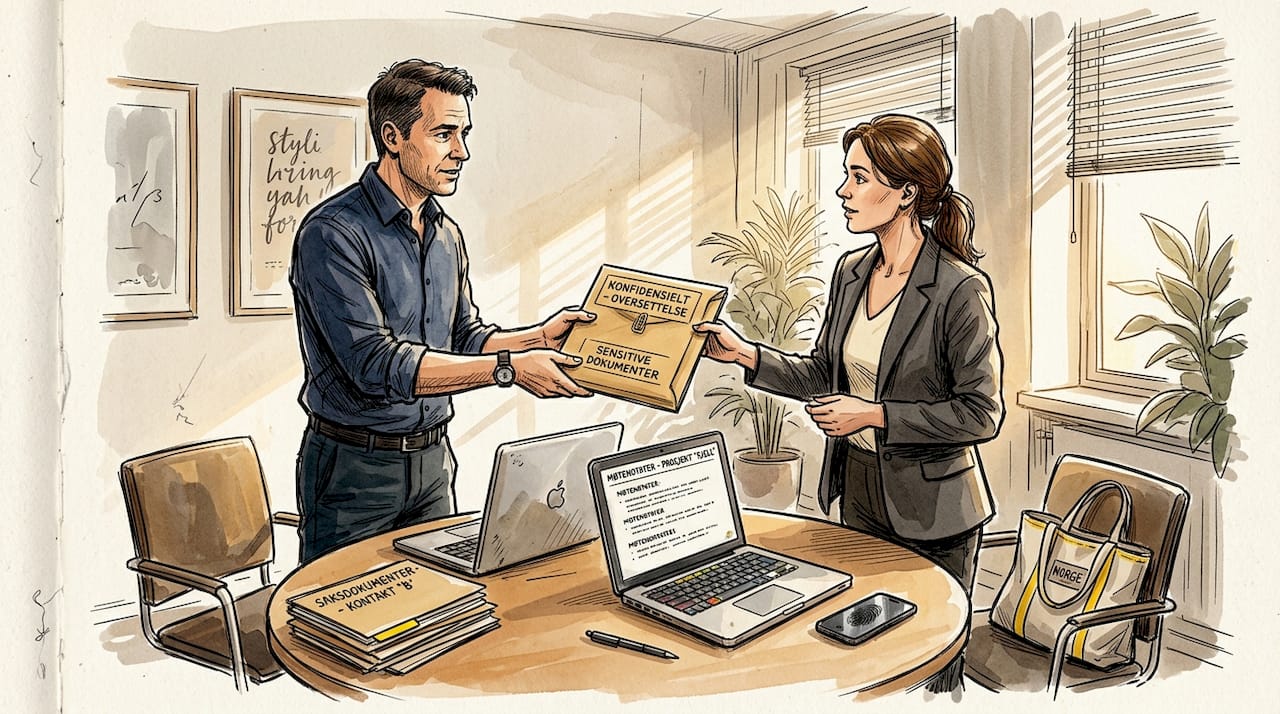 Kollegaer som utveksler forseglede, konfidensielle dokumenter
