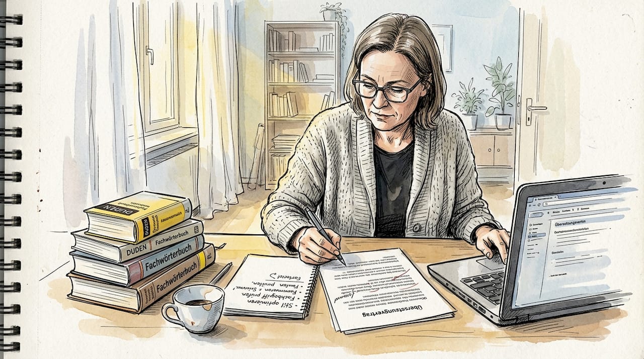 Ein Übersetzer prüft konzentriert ein Dokument an seinem aufgeräumten Schreibtisch im Homeoffice.