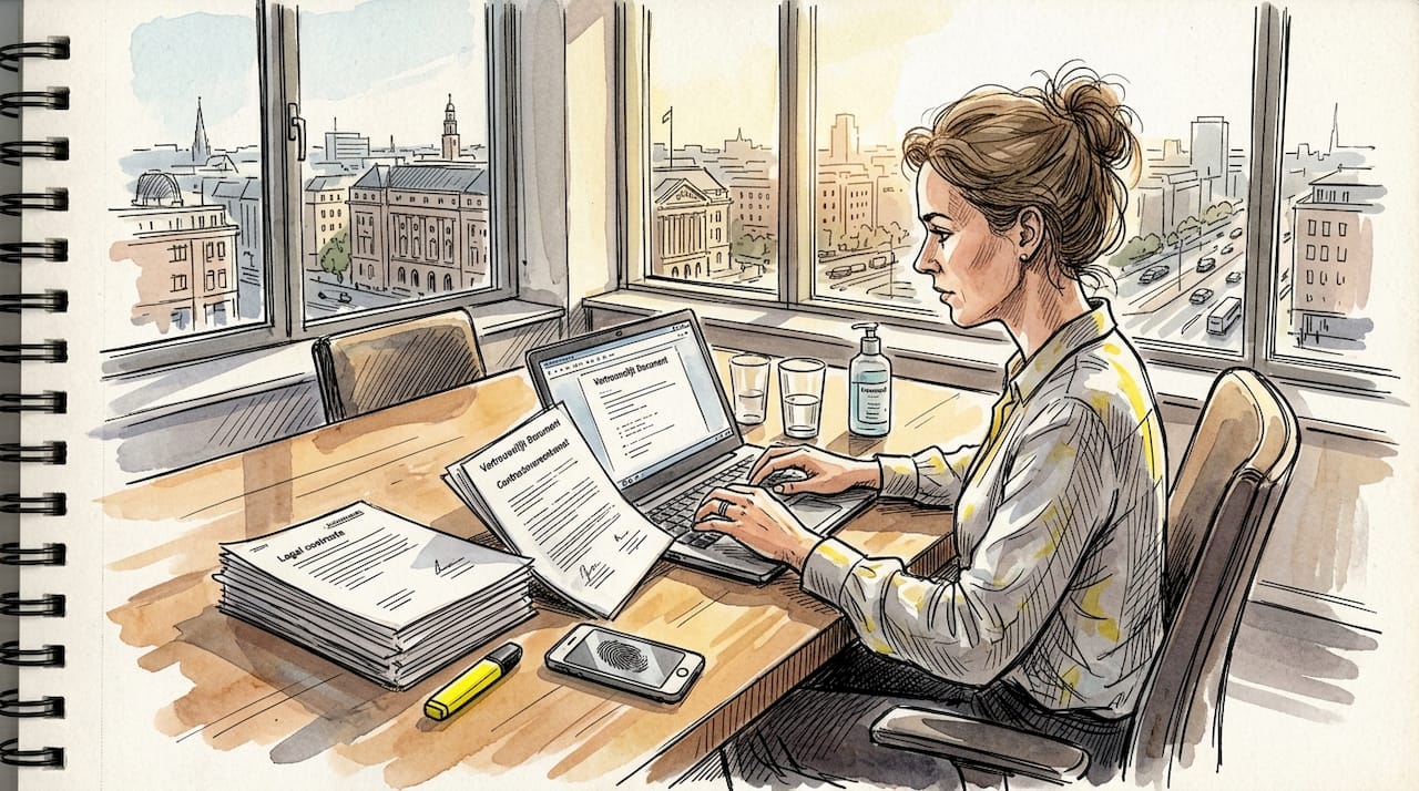 Een jurist buigt zich op kantoor over vertrouwelijke stukken.