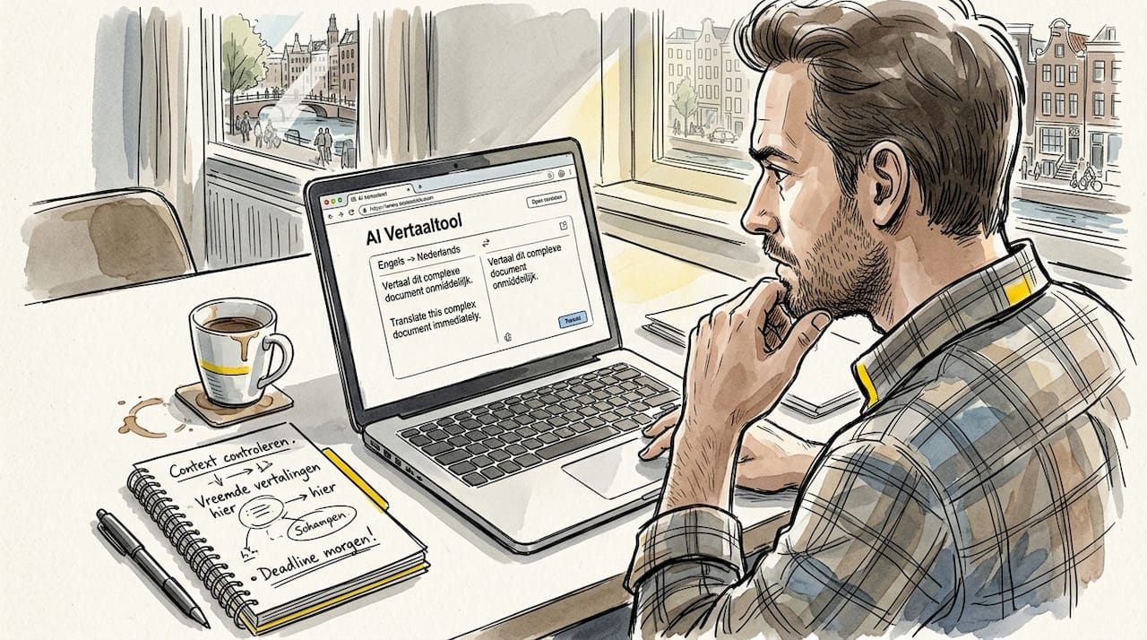 Aan de keukentafel zit een man die met een AI-vertaalprogramma aan de slag is.