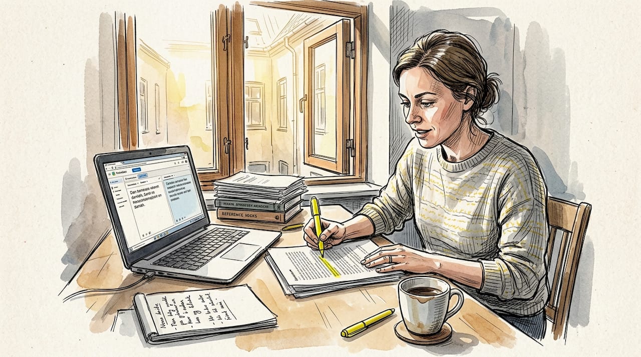 En oversætter sidder koncentreret ved sit skrivebord og arbejder med forskellige papirer.