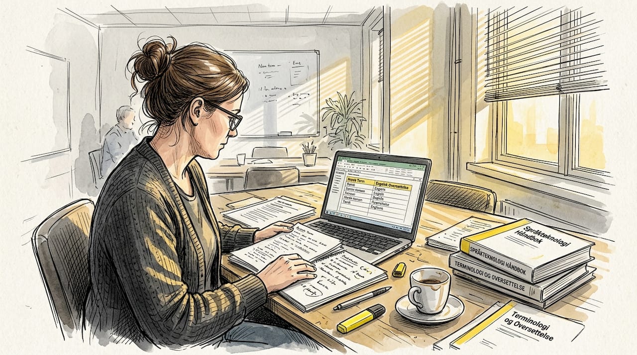 Språkekspert går gjennom fagterminologi på kontoret
