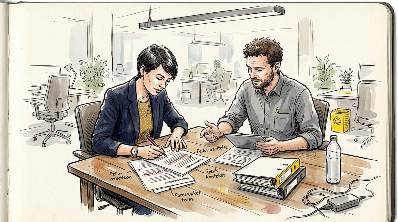 Kollegaer som diskuterer endringer i oversettelsesordlisten