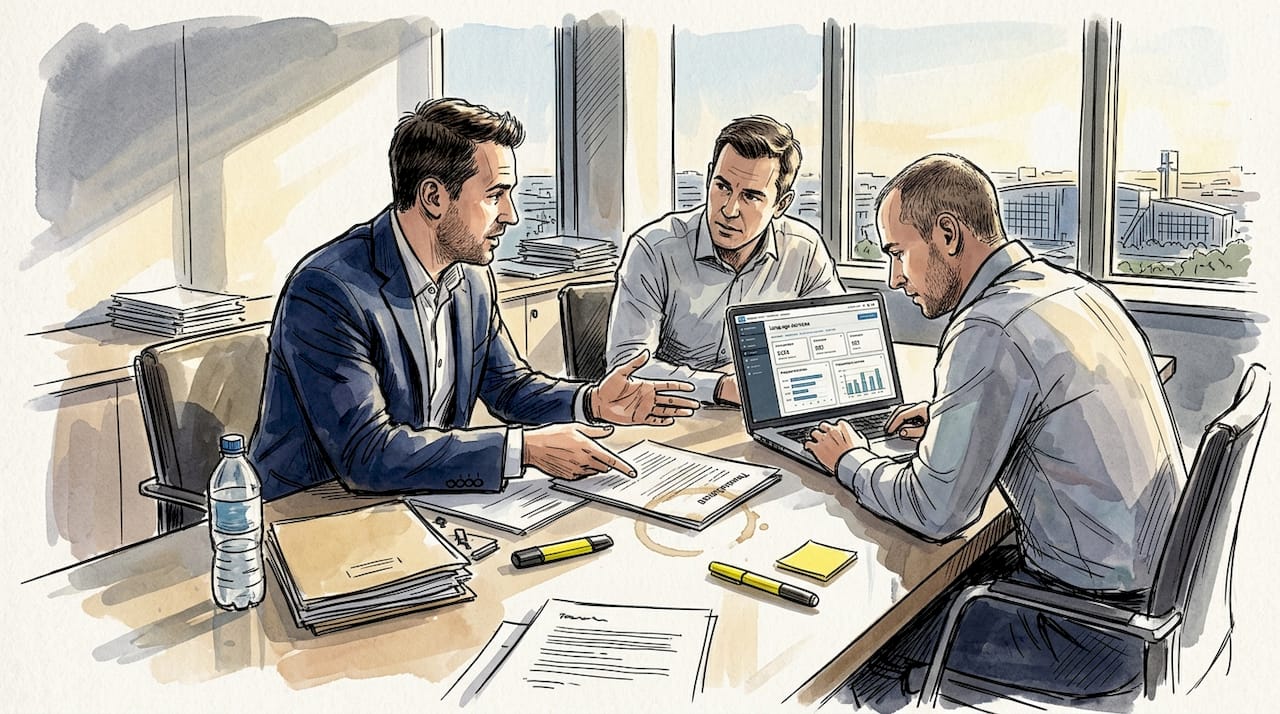 Compliance managers reviewing translation documents