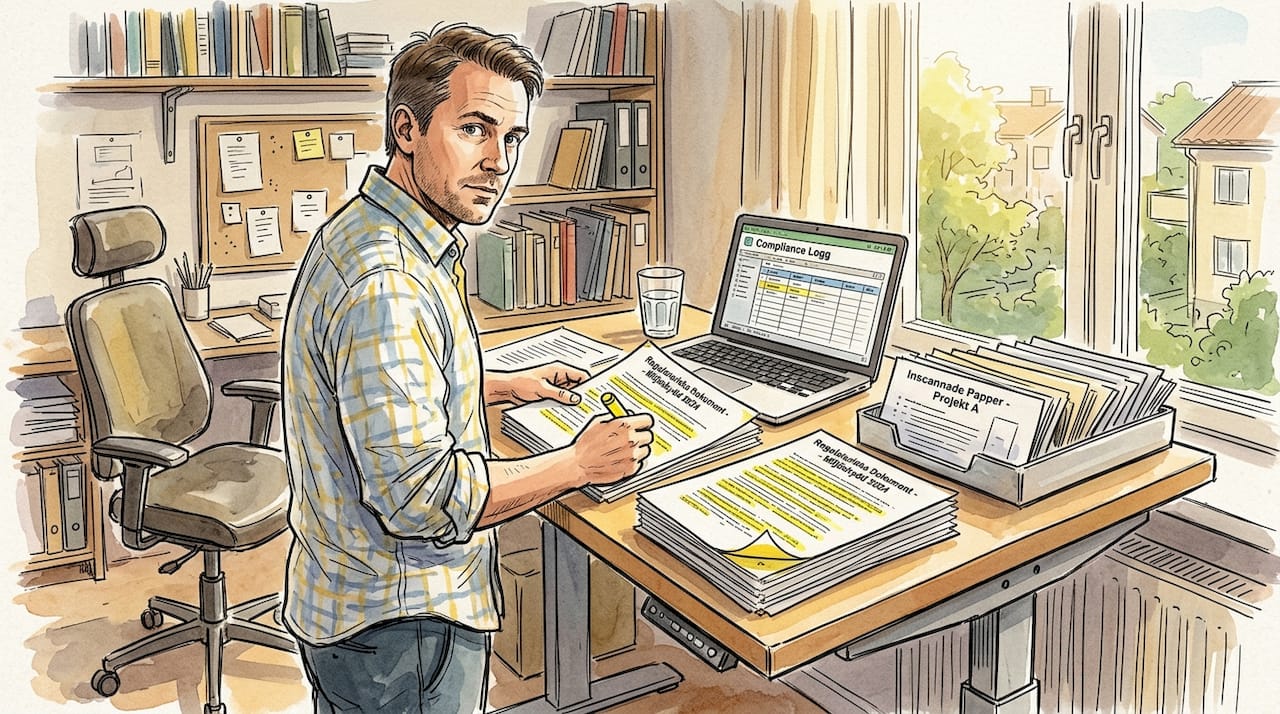 Man går igenom regulatoriska handlingar vid sitt skrivbord.