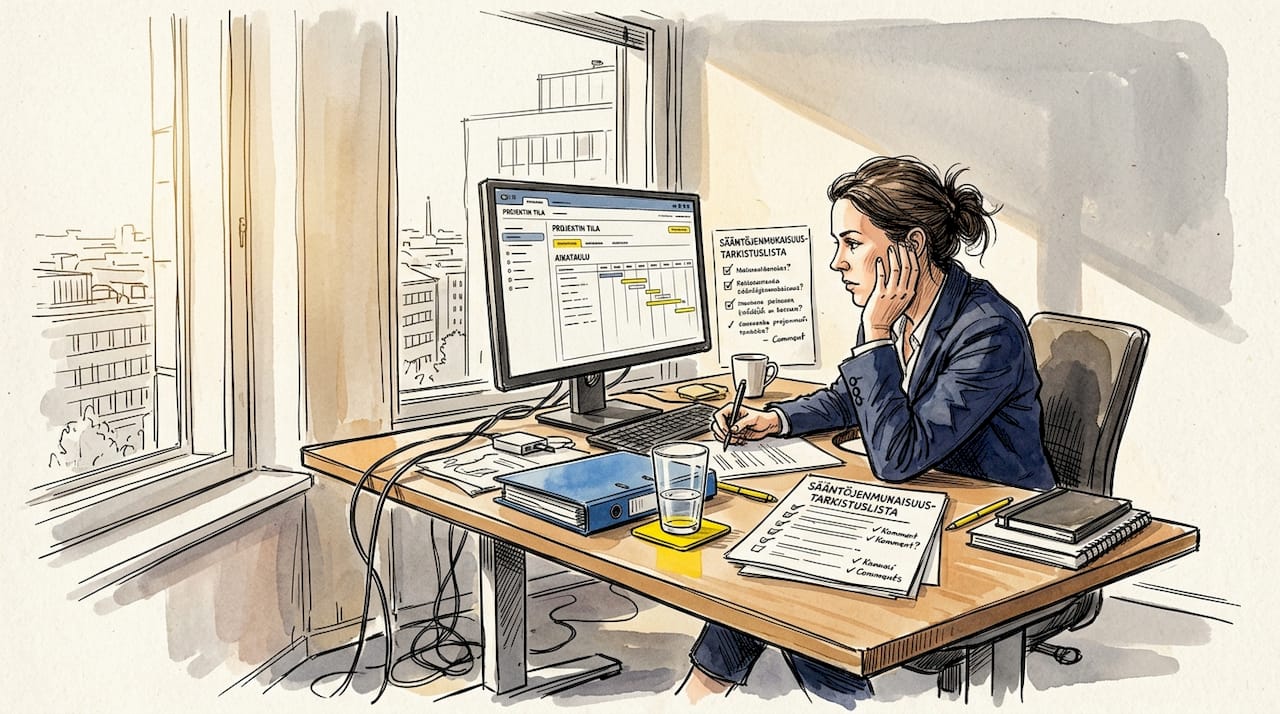 Projektipäällikkö käy läpi asiakirjoja toimiston nurkkahuoneessa.