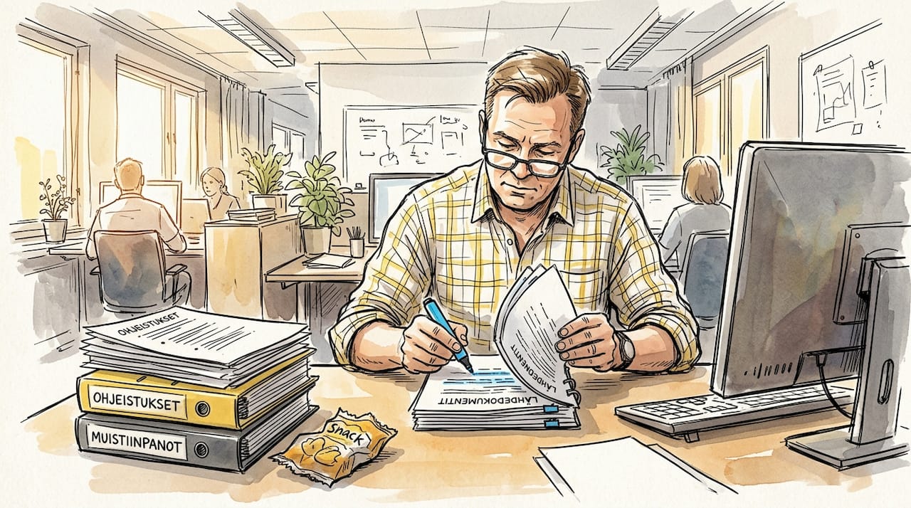 Mies tarkistaa paperille tulostetut asiakirjat ennen käännöstyötä.