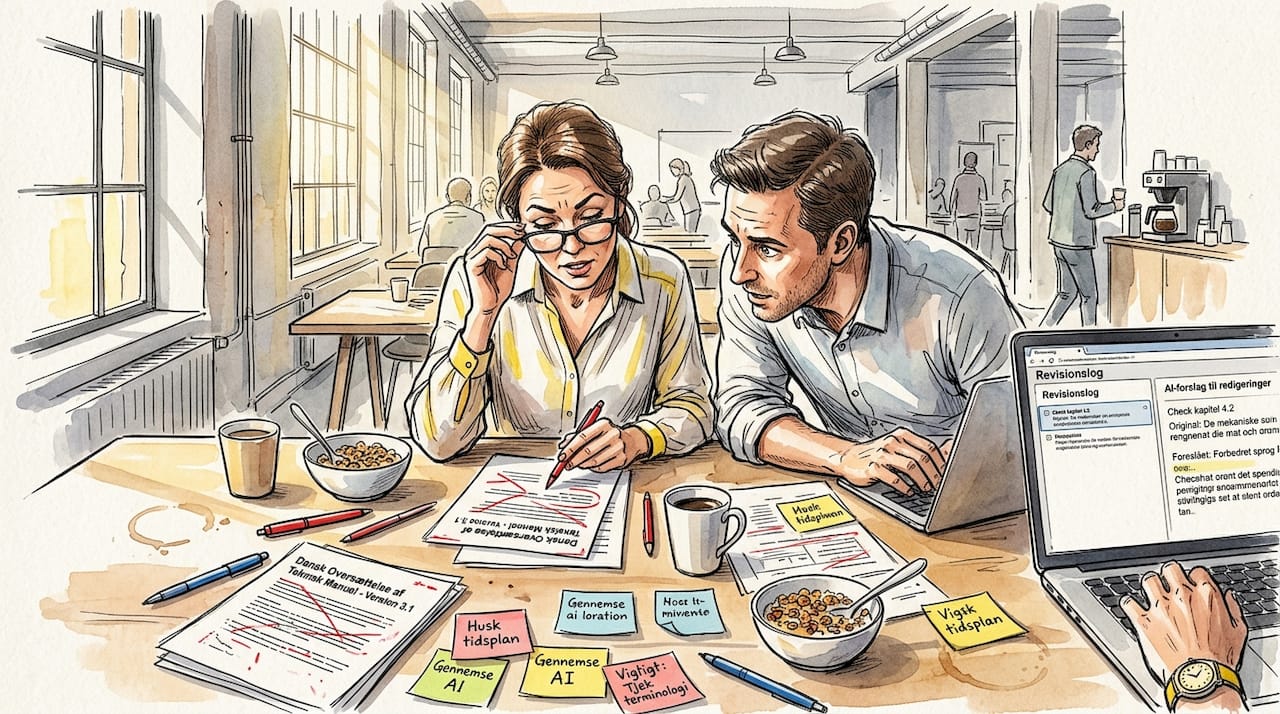 Teamet gennemgår sammen de oversatte dokumenter og diskuterer de markeringer, der er lavet.