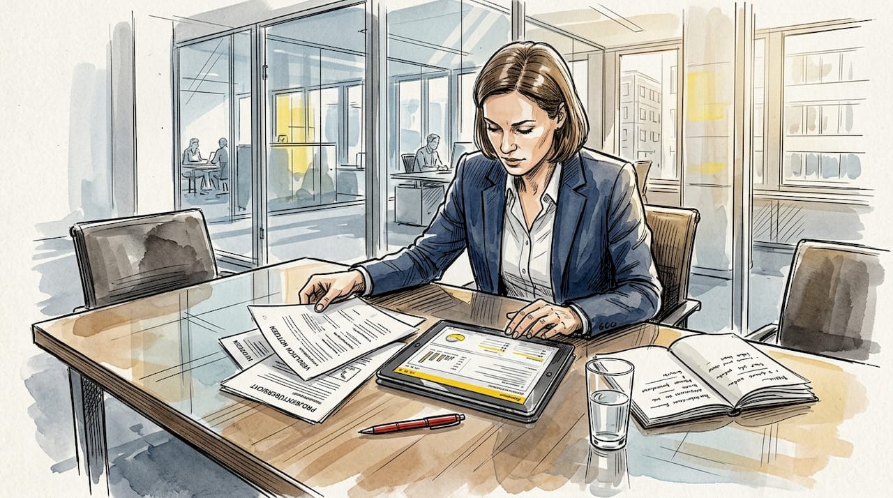 Eine Mitarbeiterin überprüft Dokumente im Rahmen einer Compliance-Prüfung.