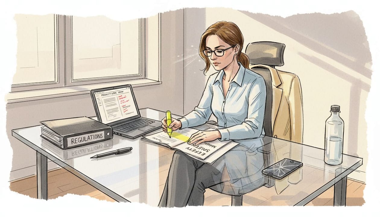 Officer reviewing printed safety manual at desk