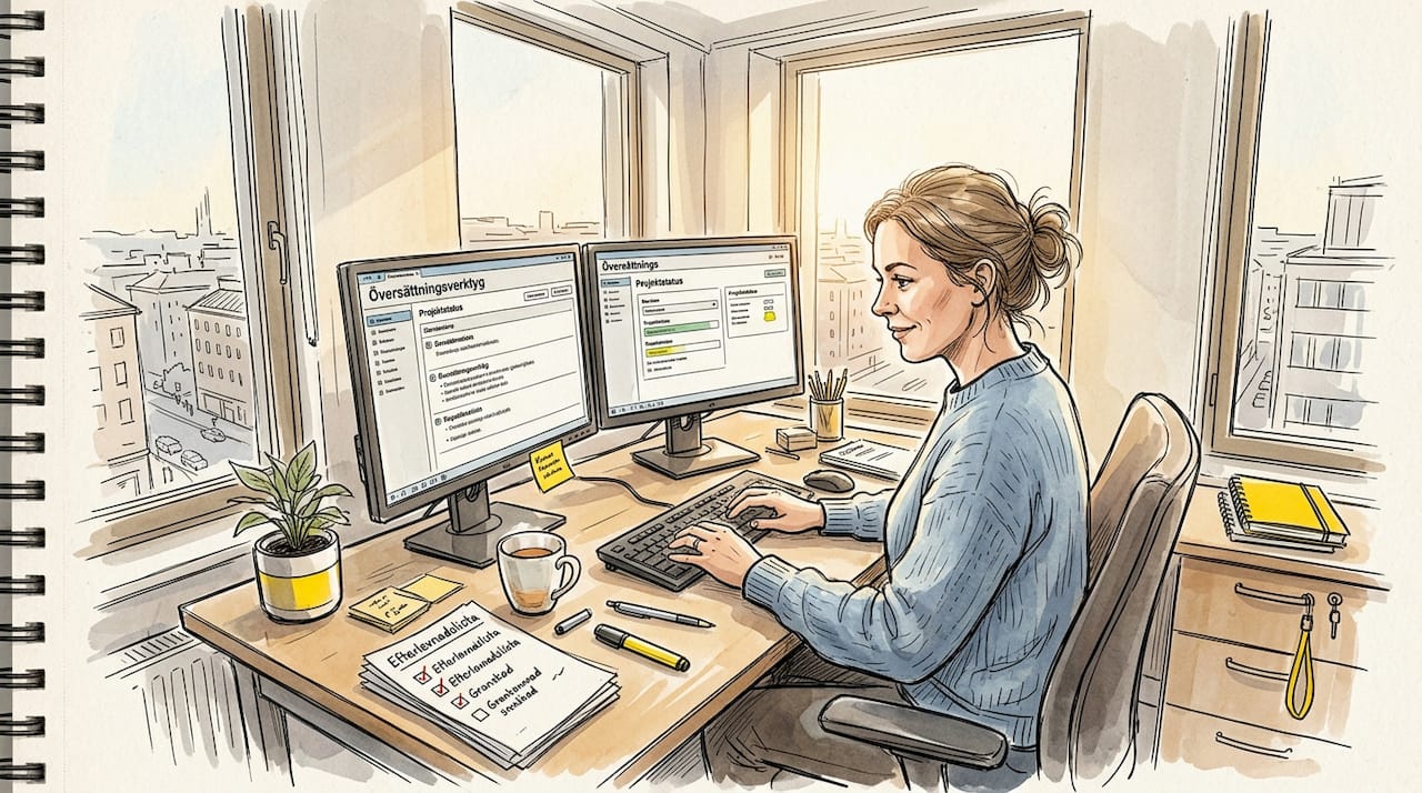 AI-specialist för översättning jobbar i ett ljust och soligt kontor